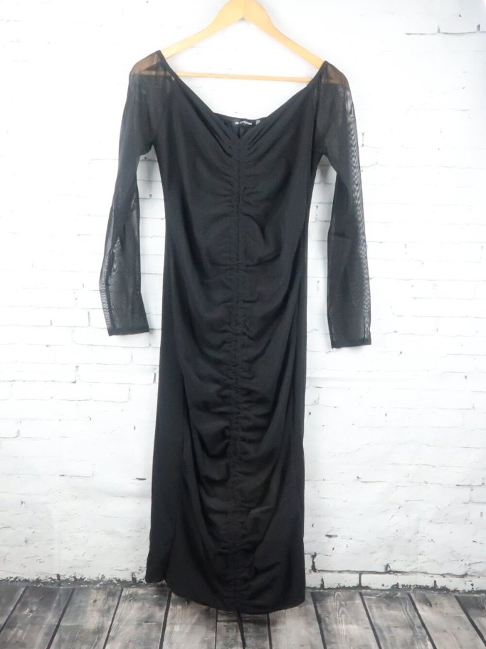 PRETTY LITTLE THING BLACK ROUND NECK SHEER SLEEVE DRESS RUCHED DETAIL SIZE 12 